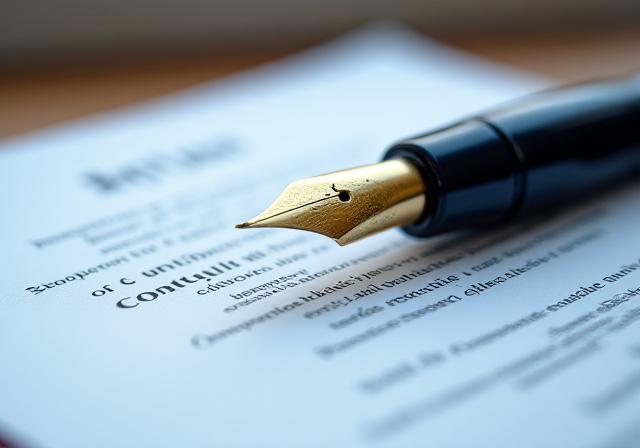 Close-up of a high-end fountain pen resting on a meticulously drafted legal document