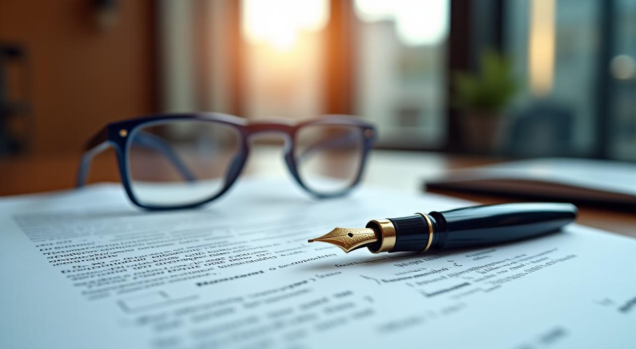A focused legal professional reviewing a complex document with a fountain pen in a well-lit London office.