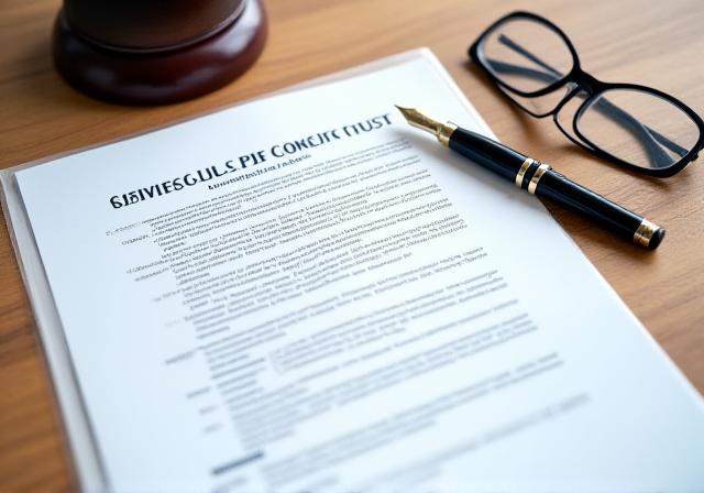 Close-up of a legal professional reviewing a contract in a minimalist boardroom setting