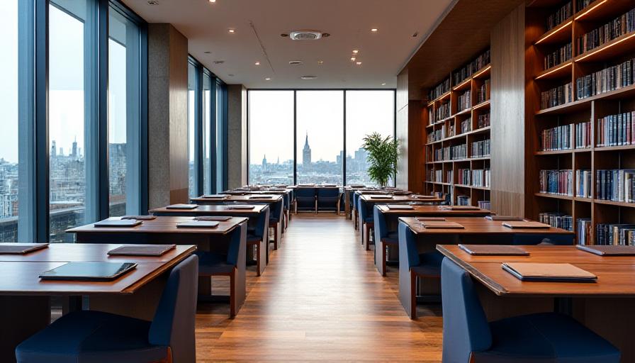 Modern professional library with glass shelves and leather-bound legal texts in London