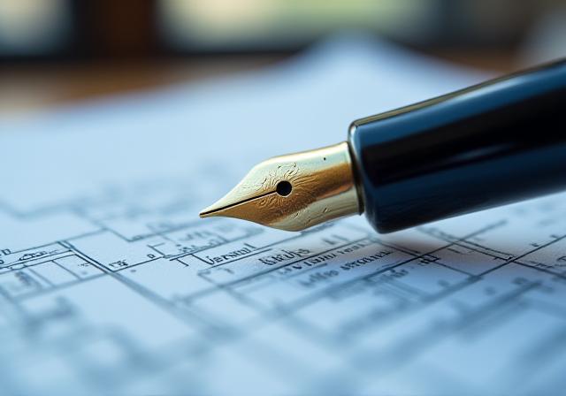 Close-up of a structured fountain pen on a clean legal parchment with geometric drafts