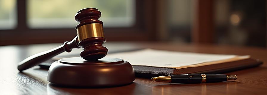 Close up of legal gavel and fountain pen representing authority and precision
